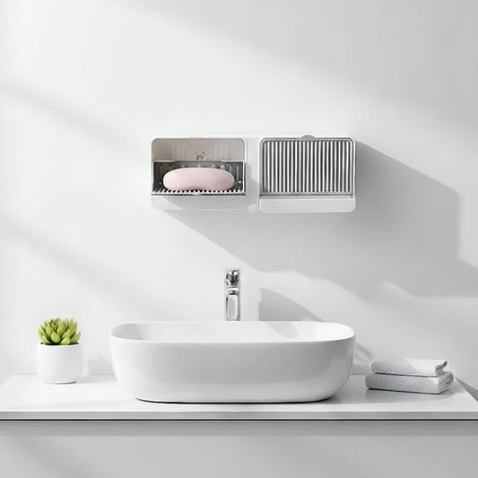 Wall Mounted Soap Holder with Drain Tray & Storage Drawer β Self-Adhesive Bathroom Soap Organizer - Free Shipping