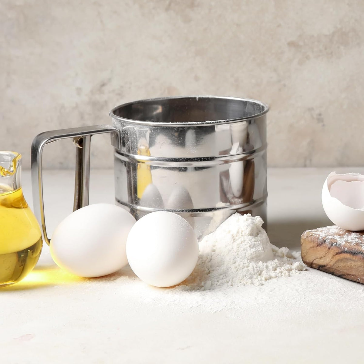 Stainless Steel Flour Sifter – Hand Press Flour Strainer with Measuring Marks With Free Shipping