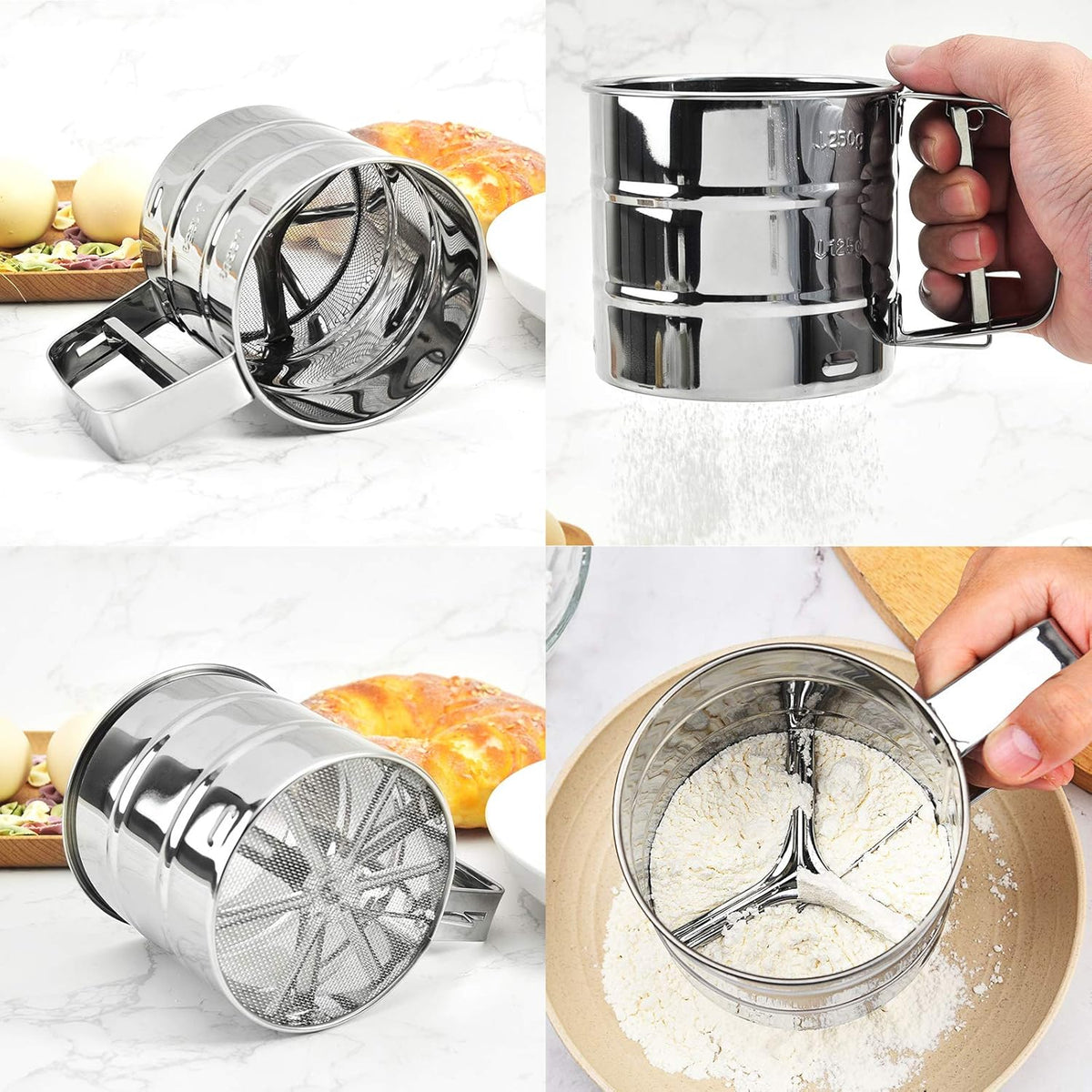 Stainless Steel Flour Sifter – Hand Press Flour Strainer with Measuring Marks With Free Shipping
