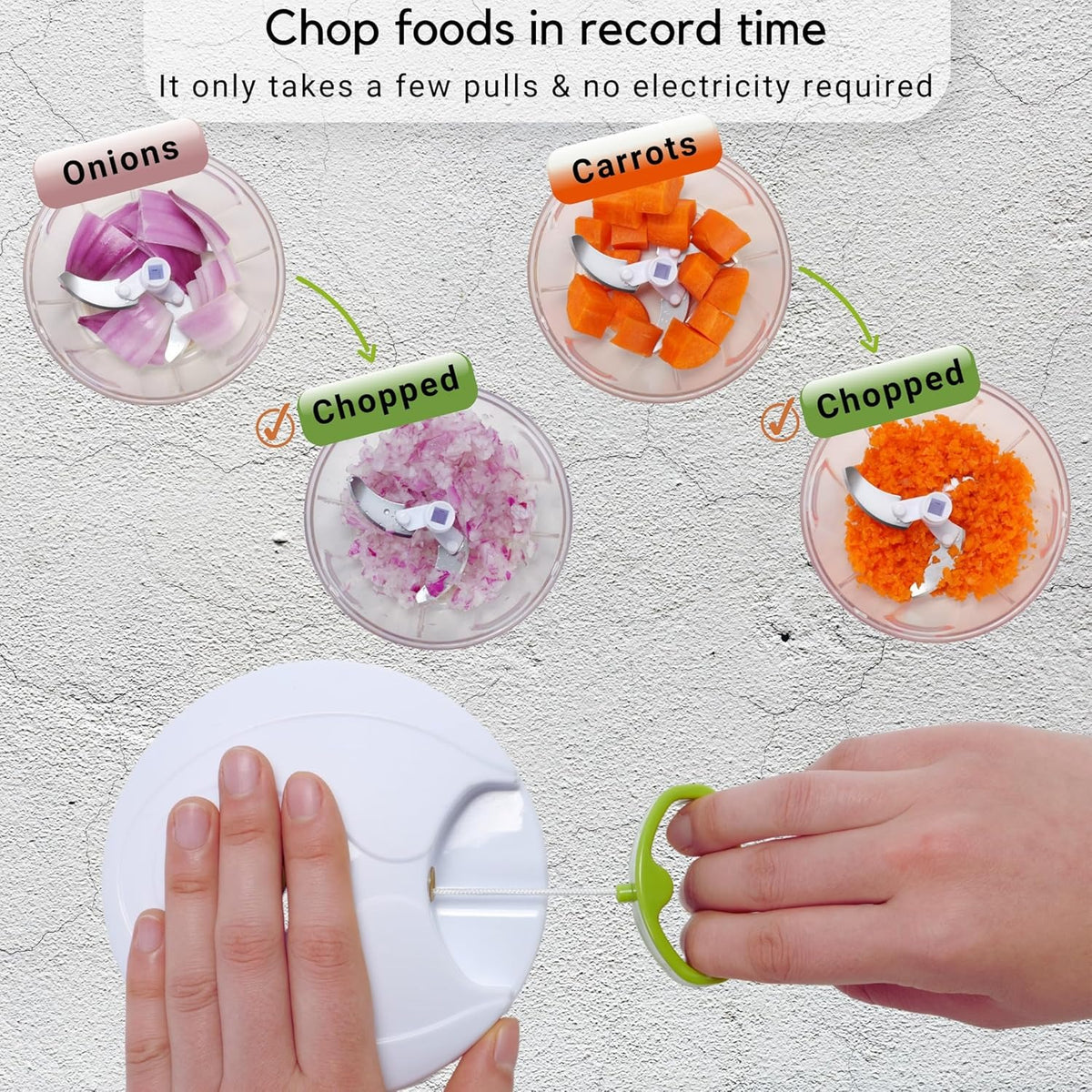 Manual Food Chopper – Pull Cord Vegetable & Meat Cutter with Stainless Steel Blades for Kitchen Use