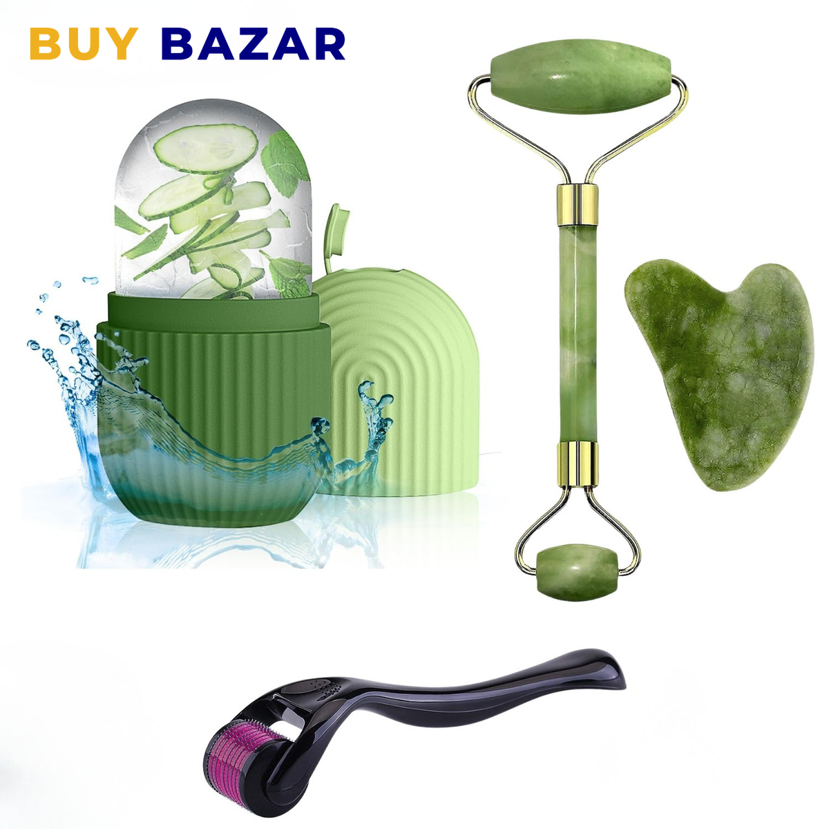 3-in-1 Skincare Beauty Set – Ice Roller, Jade Roller & Derma Roller for Face Massage & Skin Care
